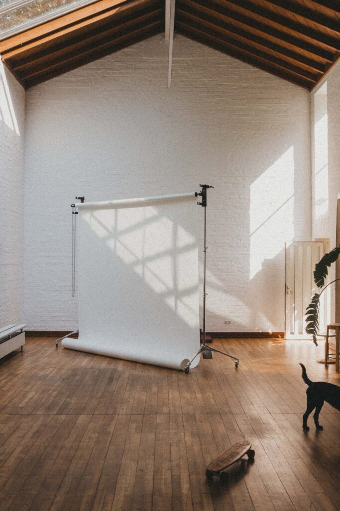 Ein helles, sonnendurchflutetes Fotostudio in Köln mit Holzboden, einem weißen Hintergrund auf Ständern, einem Skateboard auf dem Boden und einem Teil eines schwarzen Hundes in der rechten unteren Ecke. Das Sonnenlicht erzeugt Muster auf der weißen Backsteinwand.