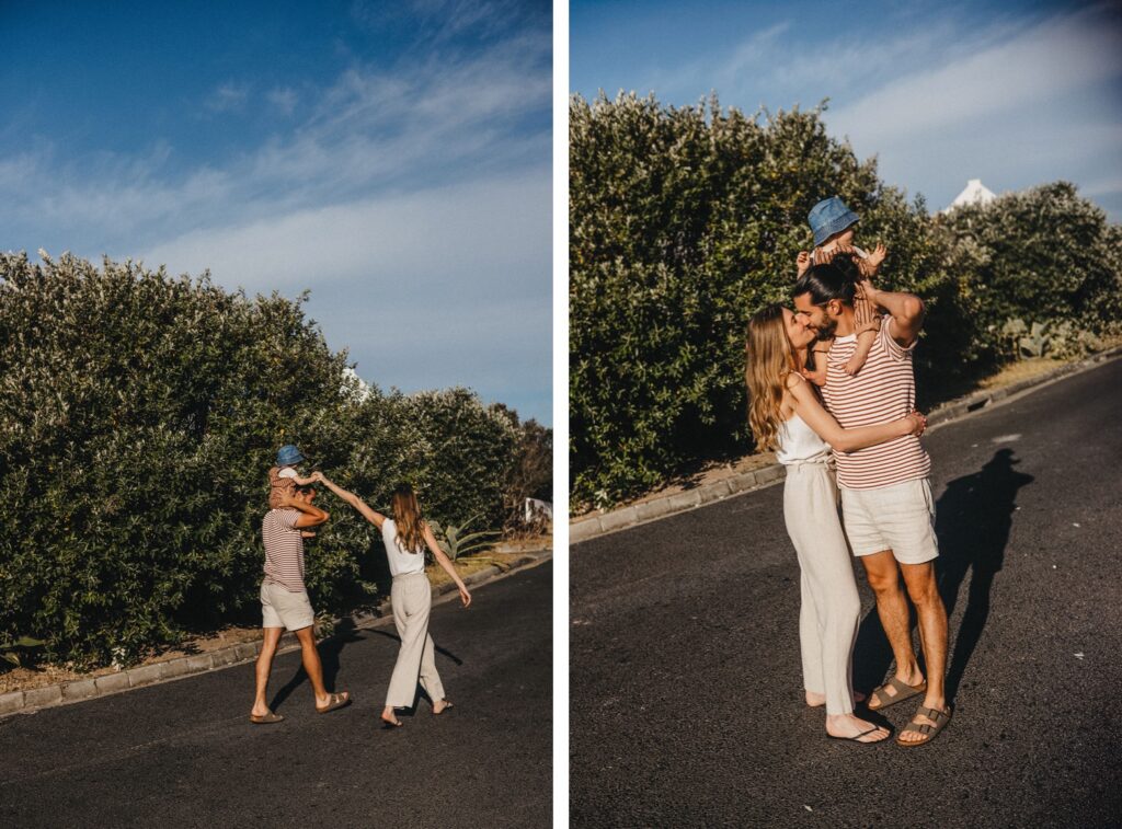 Fotocollage: Von einem Werbefotografen festgehalten, geht ein Paar Hand in Hand auf einer sonnigen Straße. Rechts umarmen sie sich freudig - das strahlt Wärme und Zuneigung aus, perfekt für jede Fotostudio Köln Mappe.