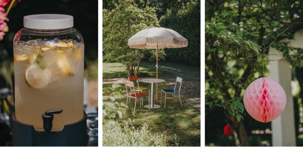 Drei Bilder von Kids Fotograf: ein Limonadenspender mit Zitronenscheiben und Eis, eine Gartenszene mit bunten Stühlen und einem weißen Regenschirm über einem kleinen Tisch und eine rosa Papierlaterne, die an einem Ast hängt.