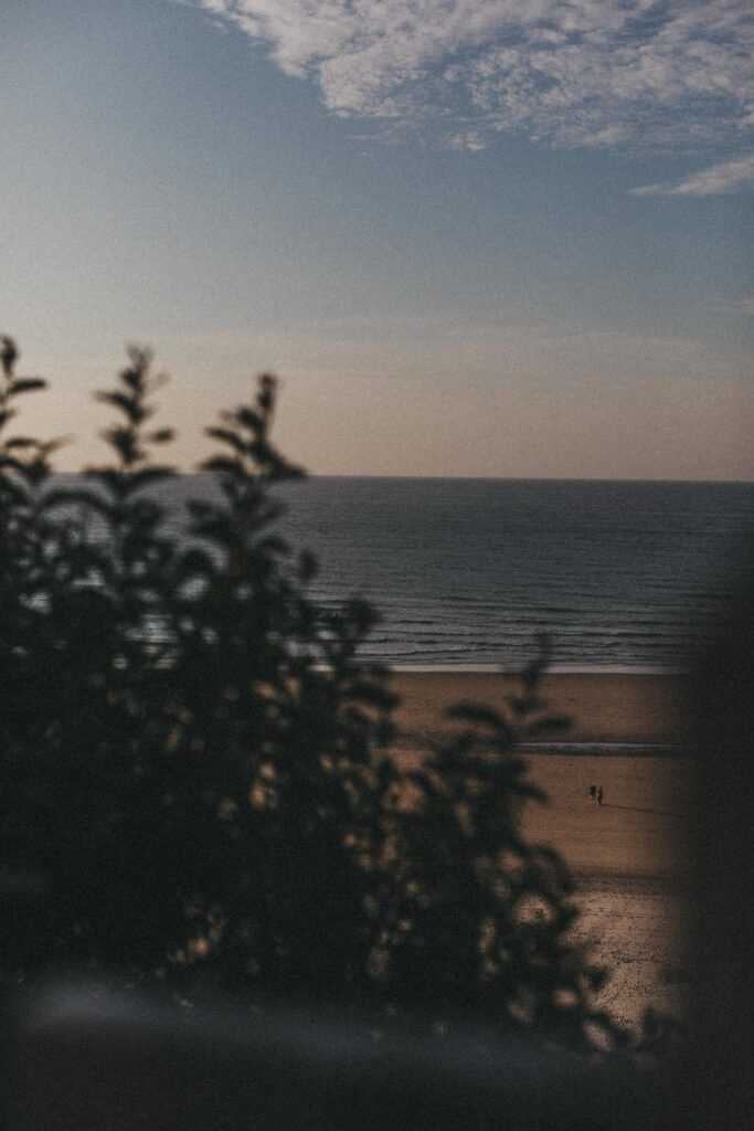 Blick auf einen Sandstrand und ein ruhiges Meer bei Sonnenuntergang, mit zwei kleinen Figuren, die in der Ferne am Ufer spazieren gehen. Unscharfes Laub umrahmt teilweise den Vordergrund, die perfekte Inspiration für jeden Familien Fotograf oder Fotografin in Köln.