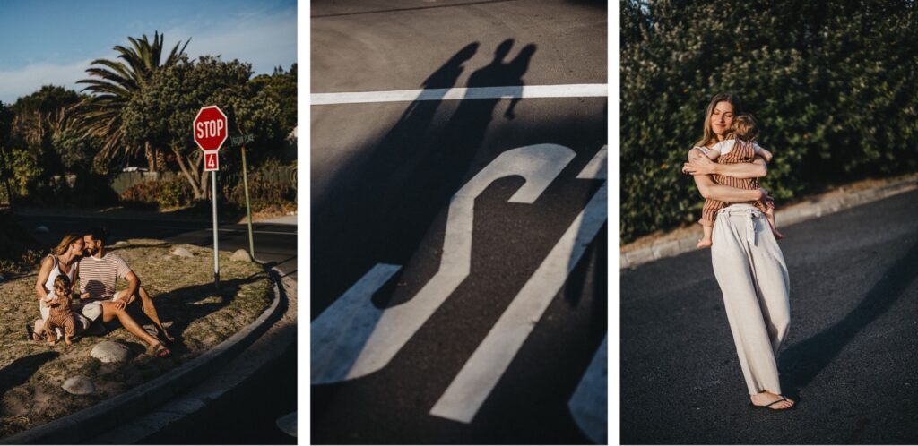 Triptychon: Von einem Familienfotografen aufgenommen, sitzt eine Familie mit zwei Kindern an einem Stoppschild; ihre Schatten überqueren eine Straße mit der Aufschrift STOP; eine Frau umarmt ein Kind auf einer sonnenbeschienenen Straße, beide sind neutral gekleidet.