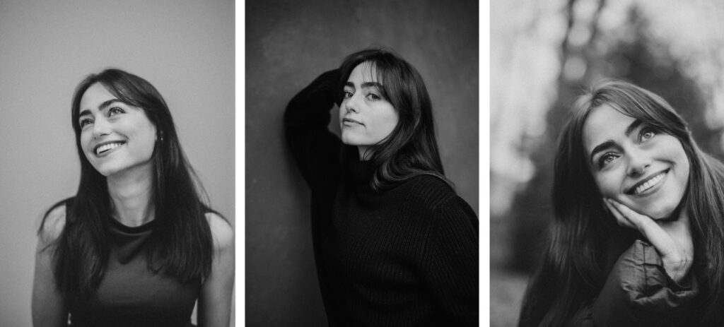 Ein schwarz-weißes Triptychon von einer talentierten Fotografin zeigt eine junge Frau mit langen, dunklen Haaren in verschiedenen Posen: lächelnd nach oben blickend, an eine Wand gelehnt und draußen mit dem Kinn auf der Hand. Fotostudio Köln.