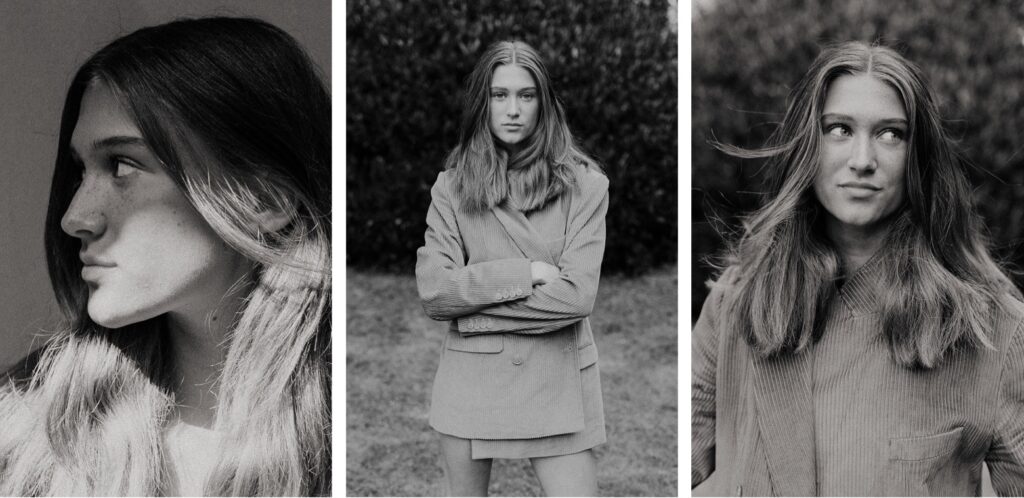 Drei Schwarz-Weiß-Fotos von Fotograf Köln: eine junge Frau mit langen Haaren im Seitenprofil, ein Frontalporträt mit verschränkten Armen und ein Blick im Freien zur Seite - alles in einer natürlichen Umgebung.
