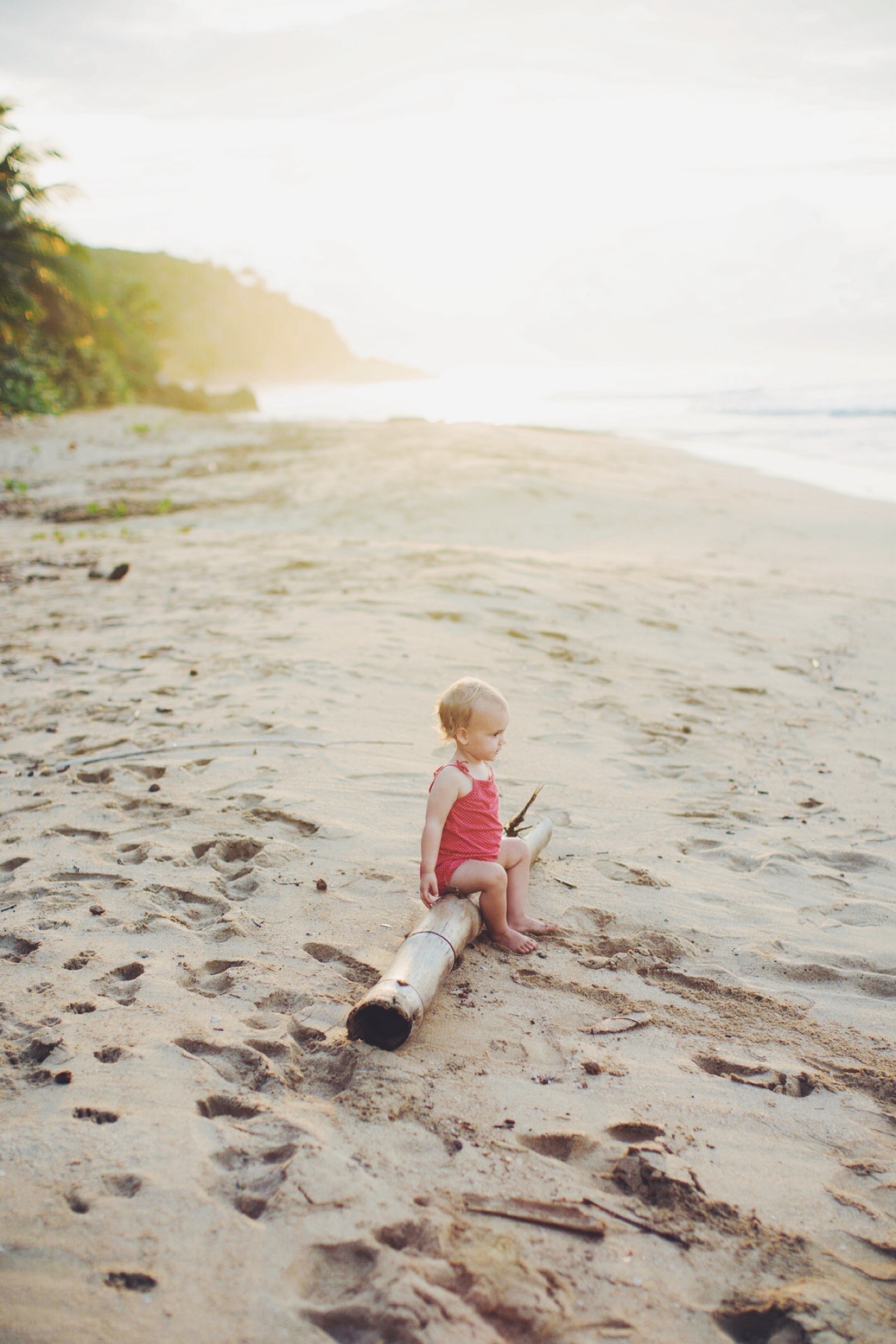 Ein kleines Kind in einem rosafarbenen Outfit sitzt auf einem Baumstamm an einem Sandstrand bei Sonnenuntergang, mit Fußabdrücken in der Nähe und dem Meer dahinter. Aufgenommen von Fotograf Köln, säumt üppiges Grün die linke Seite des Strandes und sorgt für eine perfekte Erinnerung.
